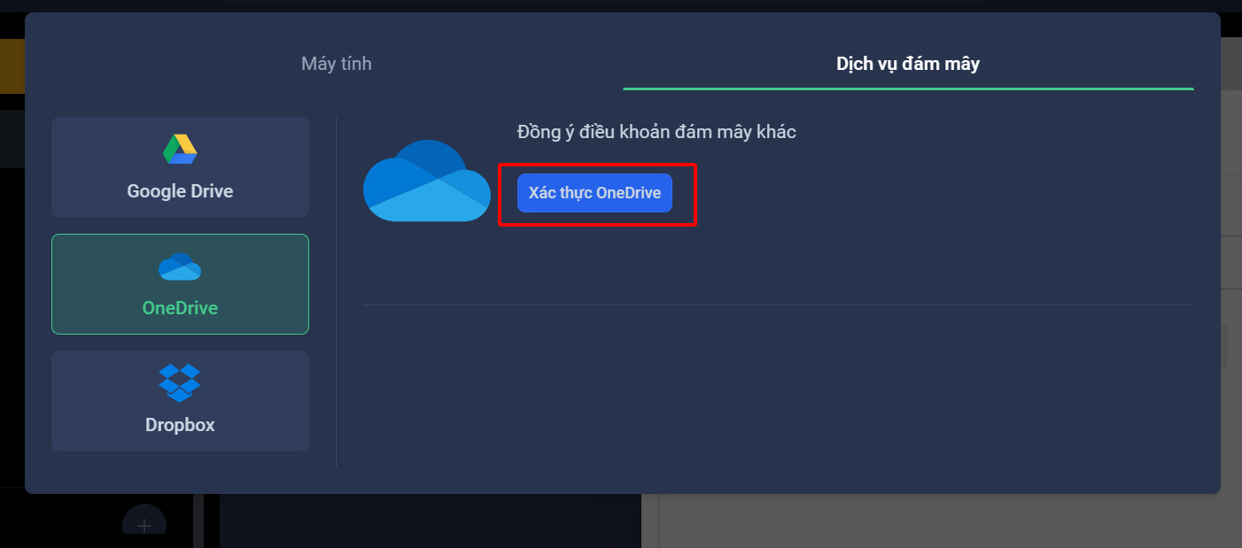 Hướng dẫn liên kết dịch vụ Cloud để gửi tệp đính kèm trên trang người dùng OneMail