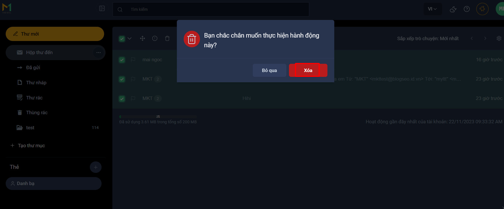 Hướng dẫn xoá hết email của tài khoản trên trang người dùng OneMail